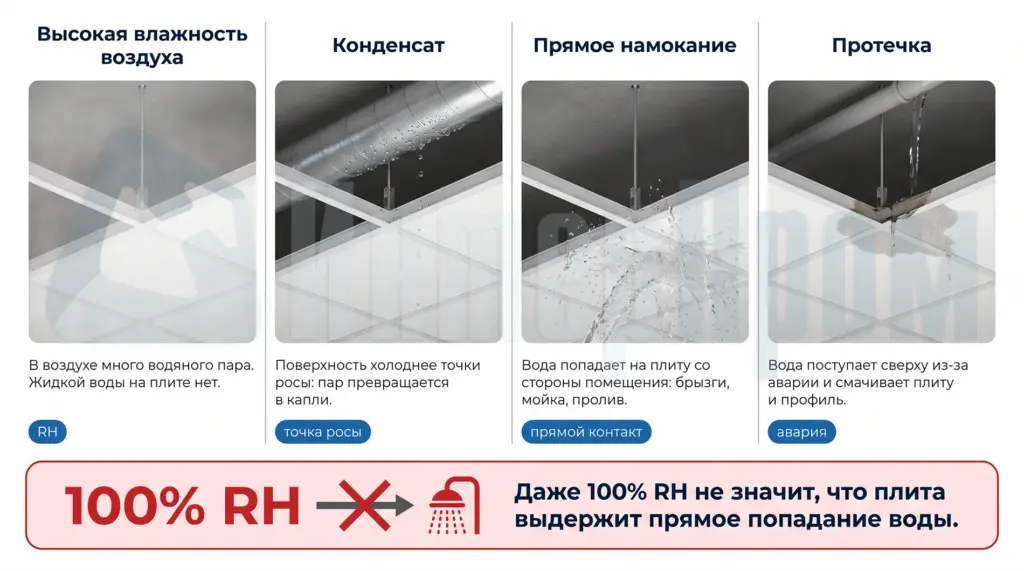 Схема различий между высокой влажностью воздуха, конденсатом, брызгами и протечкой потолка Armstrong